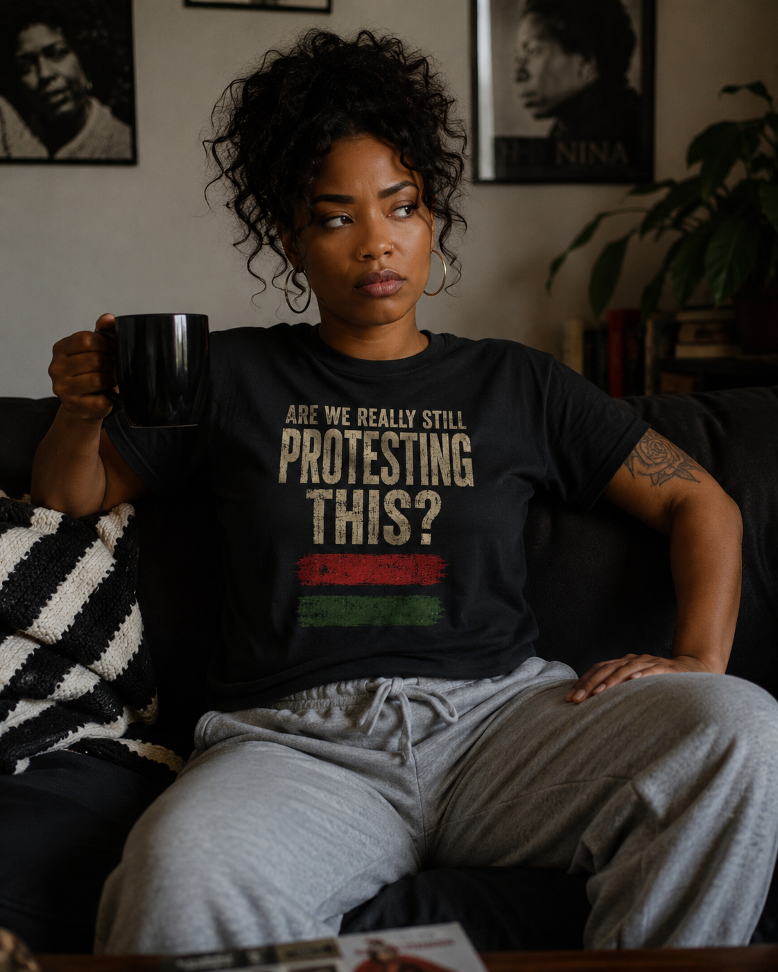 Person wearing equality graphic tee with vintage human rights design