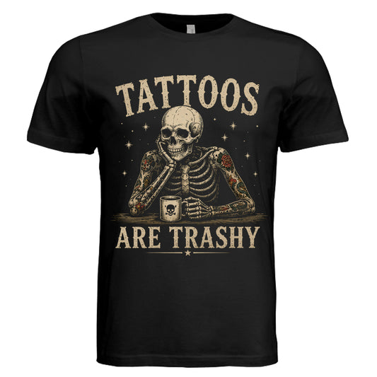 Funny tattoo shirt featuring vintage "Tattoos Are Trashy" skeleton graphic on a black Bella + Canvas triblend T-shirt