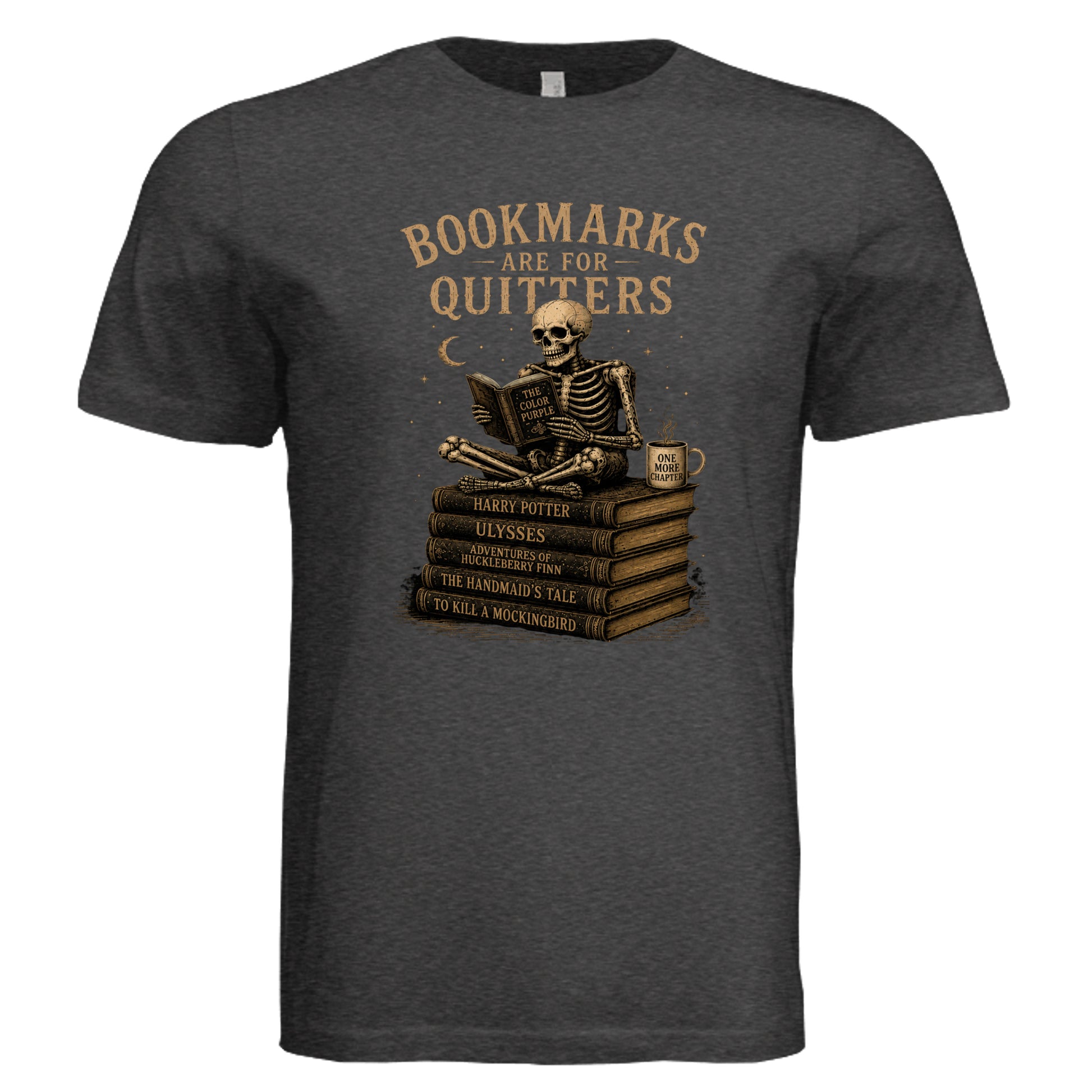 Book Lover Graphic Tee - Bookmarks Are For Quitters vintage book lover shirt in Charcoal Black front view