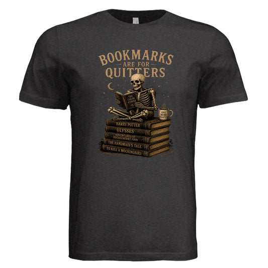 Book Lover Graphic Tee - Bookmarks Are For Quitters vintage graphic shirt in Black Heather front view