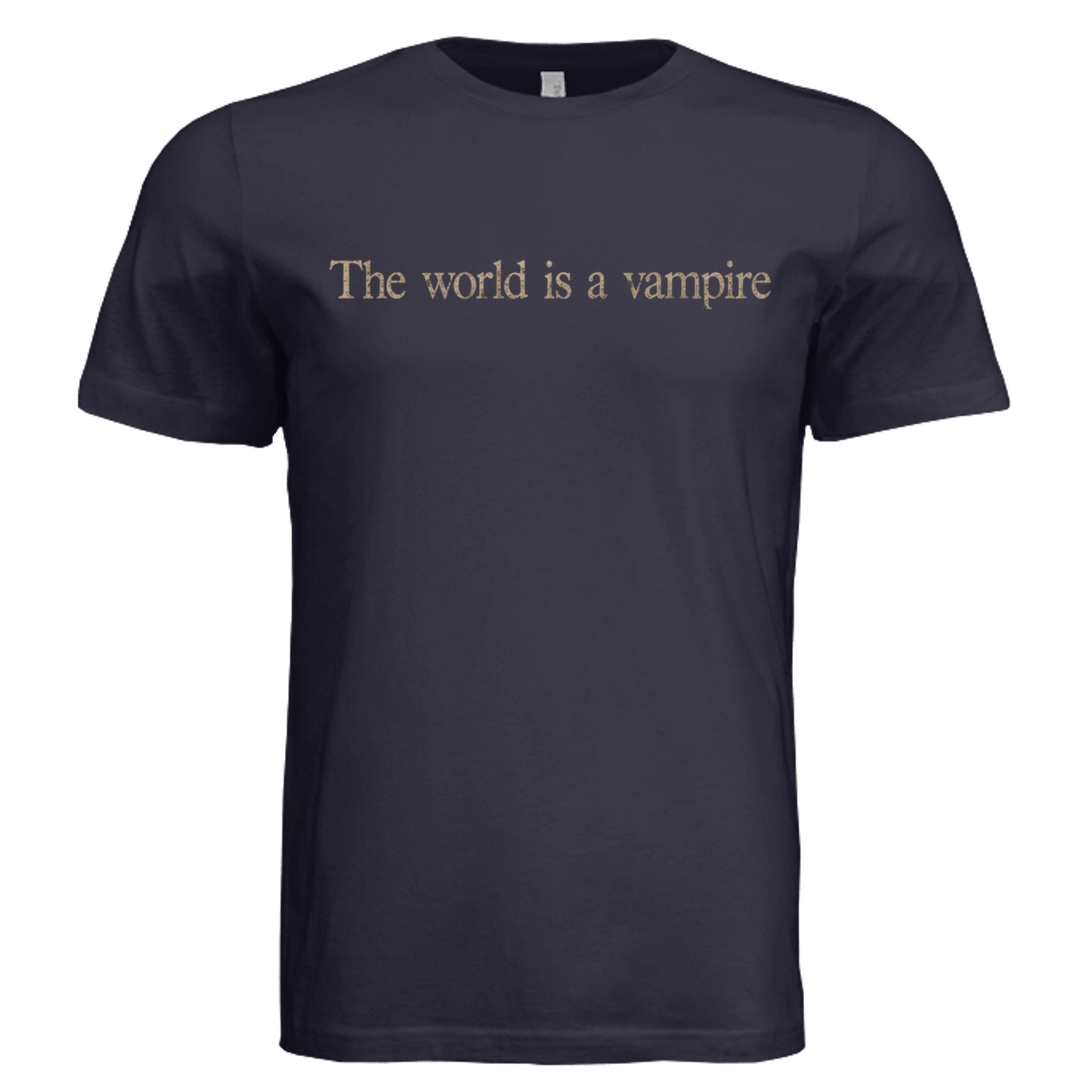 The World Is a Vampire Graphic T-Shirt in Navy with Vintage Text Design