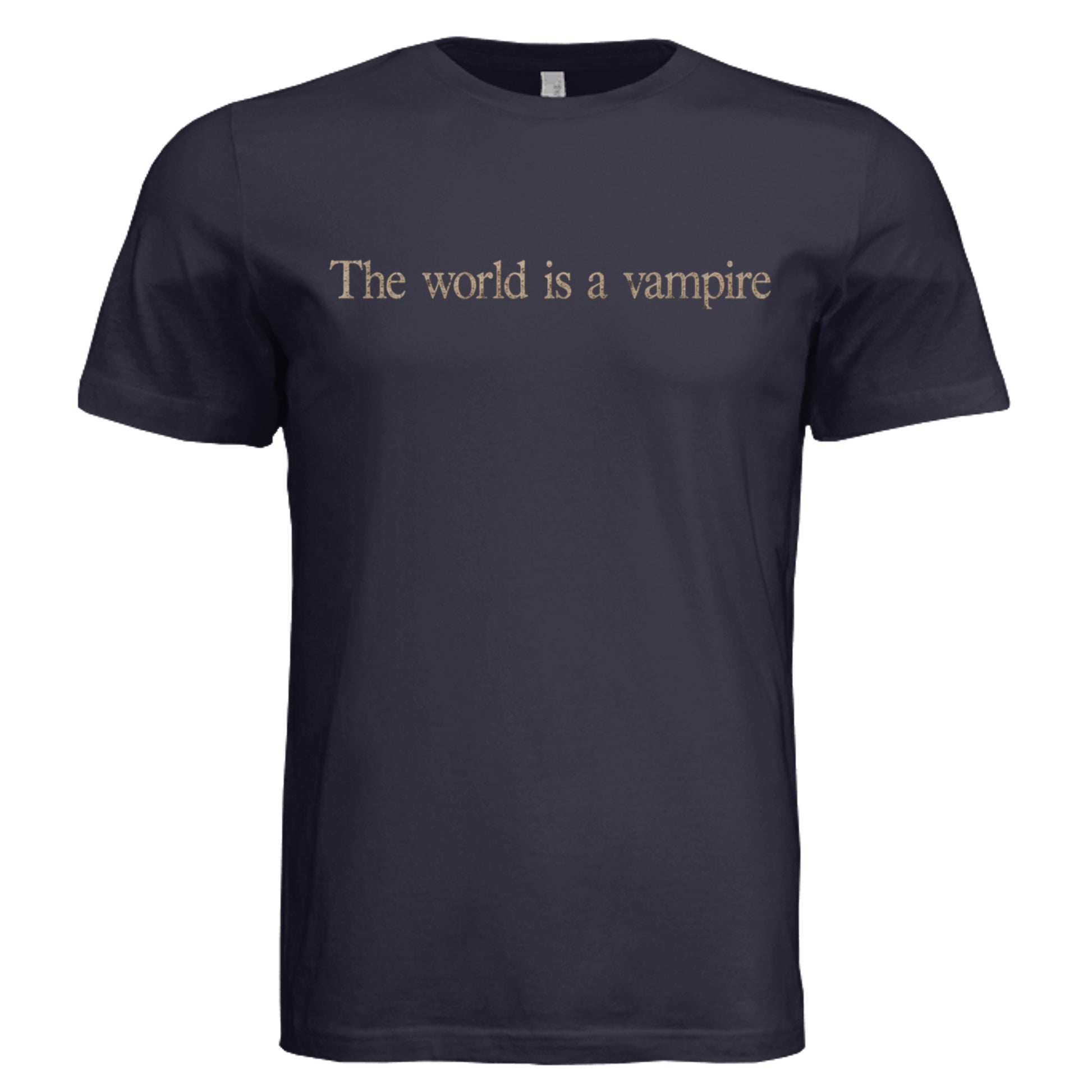 The World Is a Vampire Graphic T-Shirt in Navy with Vintage Text Design