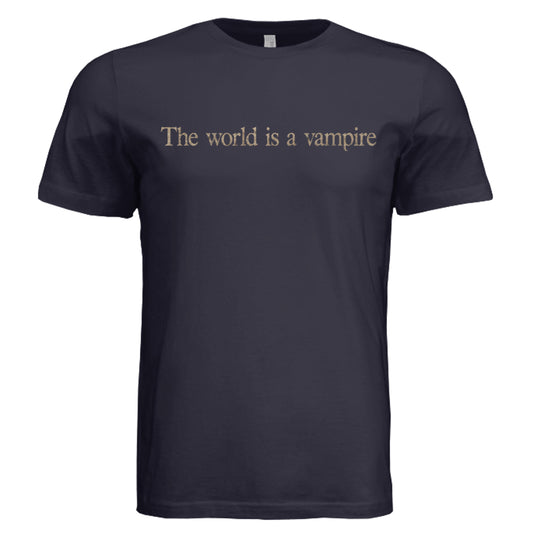 The World Is a Vampire Graphic T-Shirt in Navy with Vintage Text Design